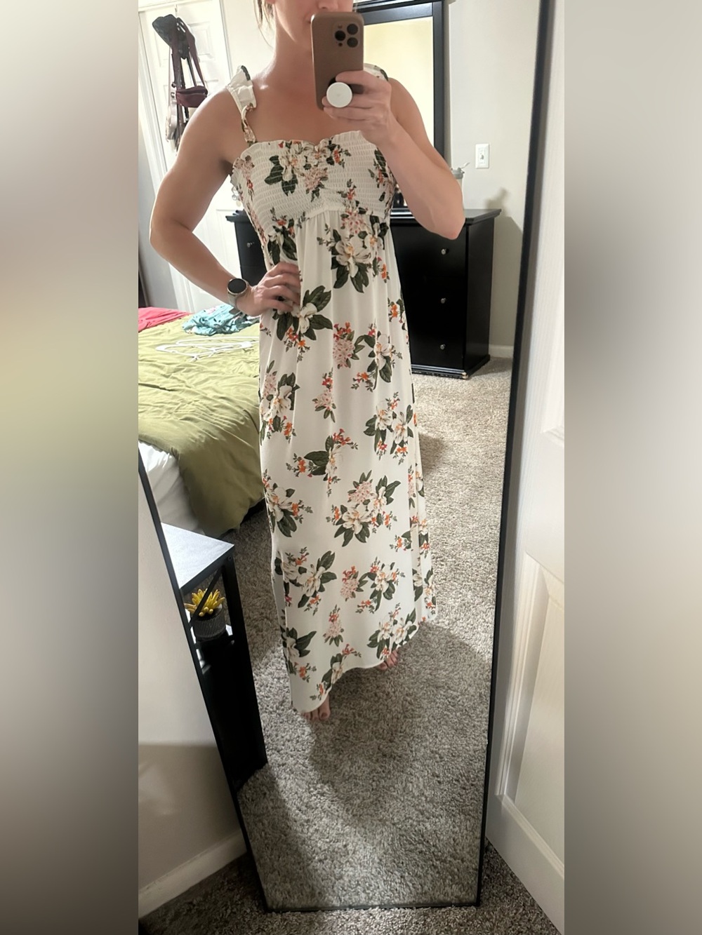DNA couture White Floral Maxi Dress with Green Leaves and Pink Accents